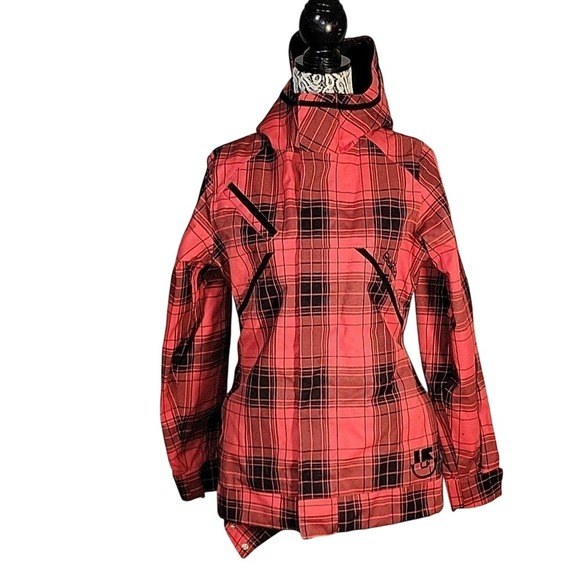 Burton Snowboard Jacket Plaid Red Black Hooded‎ Winter Coat - Picture 1 of 10